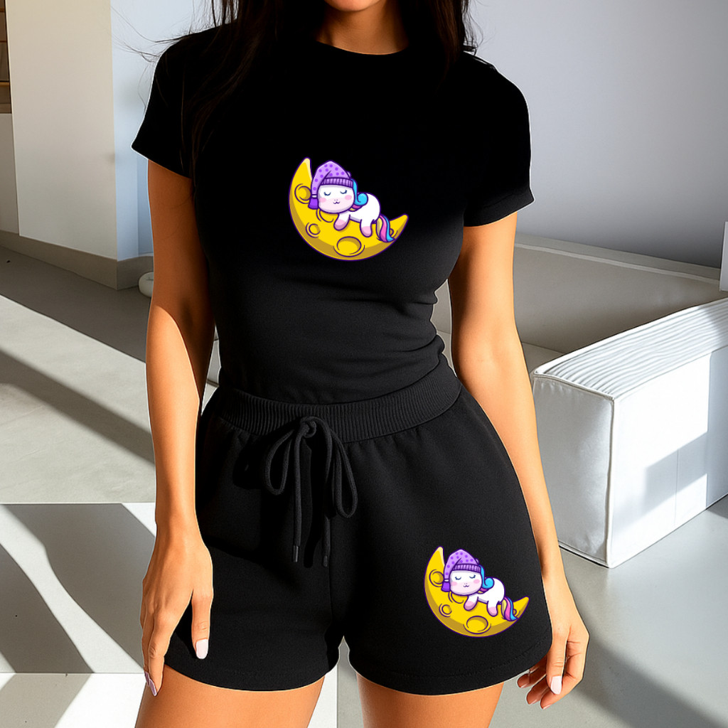 Conjunto Feminino Pijama Verão Camiseta e Short Unicórnio Cute Short Moletom Camiseta Slim