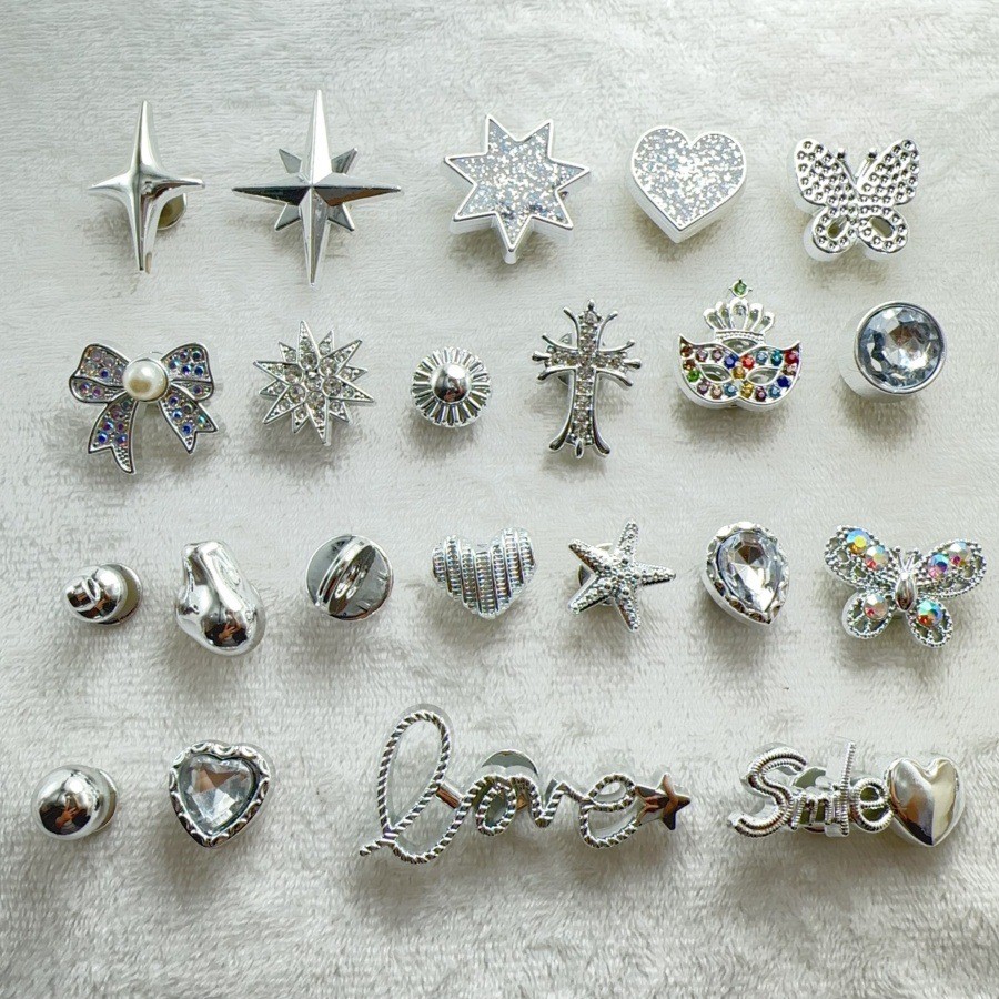 Shopee Quente ! Borboleta/Estrela Da Série Silver-Charme De Sapatos Com Botão DIY Para Tamanco/Chinelo