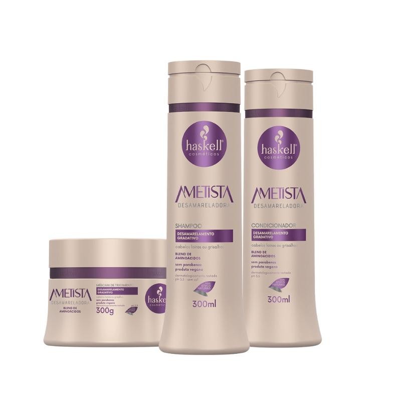 Kit Shampoo Condicionador e Máscara Desamareladora Ametista Haskell 300ml em Oferta na Shopee