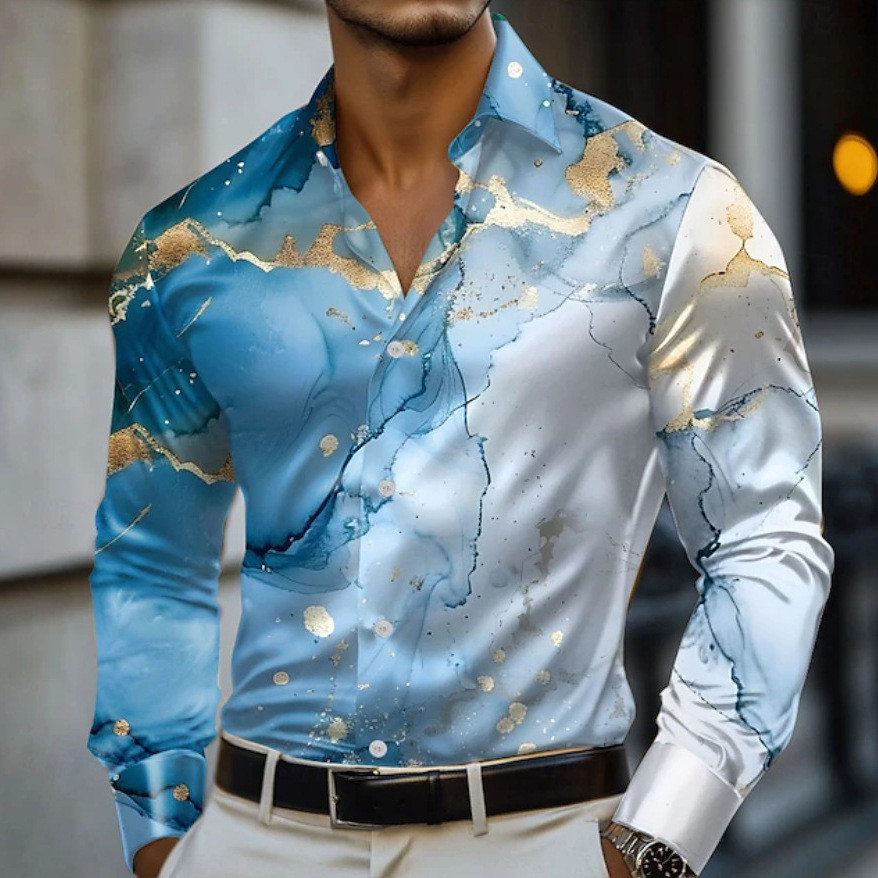 Nova camisa masculina de manga comprida, impressa Slim fit Casual masculina de manga comprida