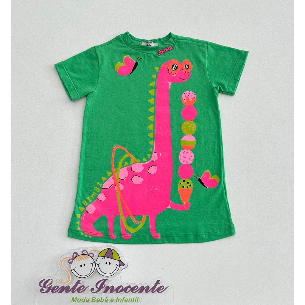 Vestido Infantil Verde Clorofila Estampa Dinossauro Rosa Bimbi