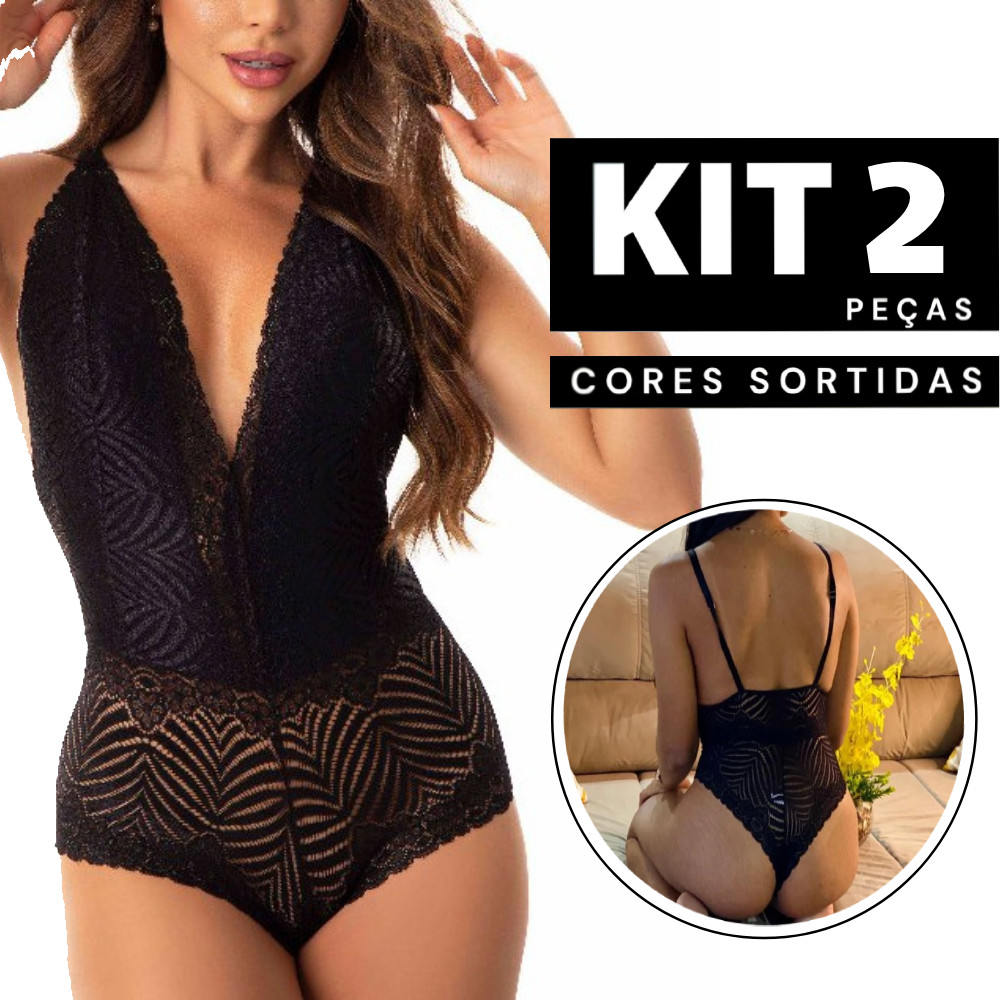 Kit 2 ou 1 Body Feminino Rendado sem Bojo Decote em V Profundo Bory de Renda Sensual Confortável