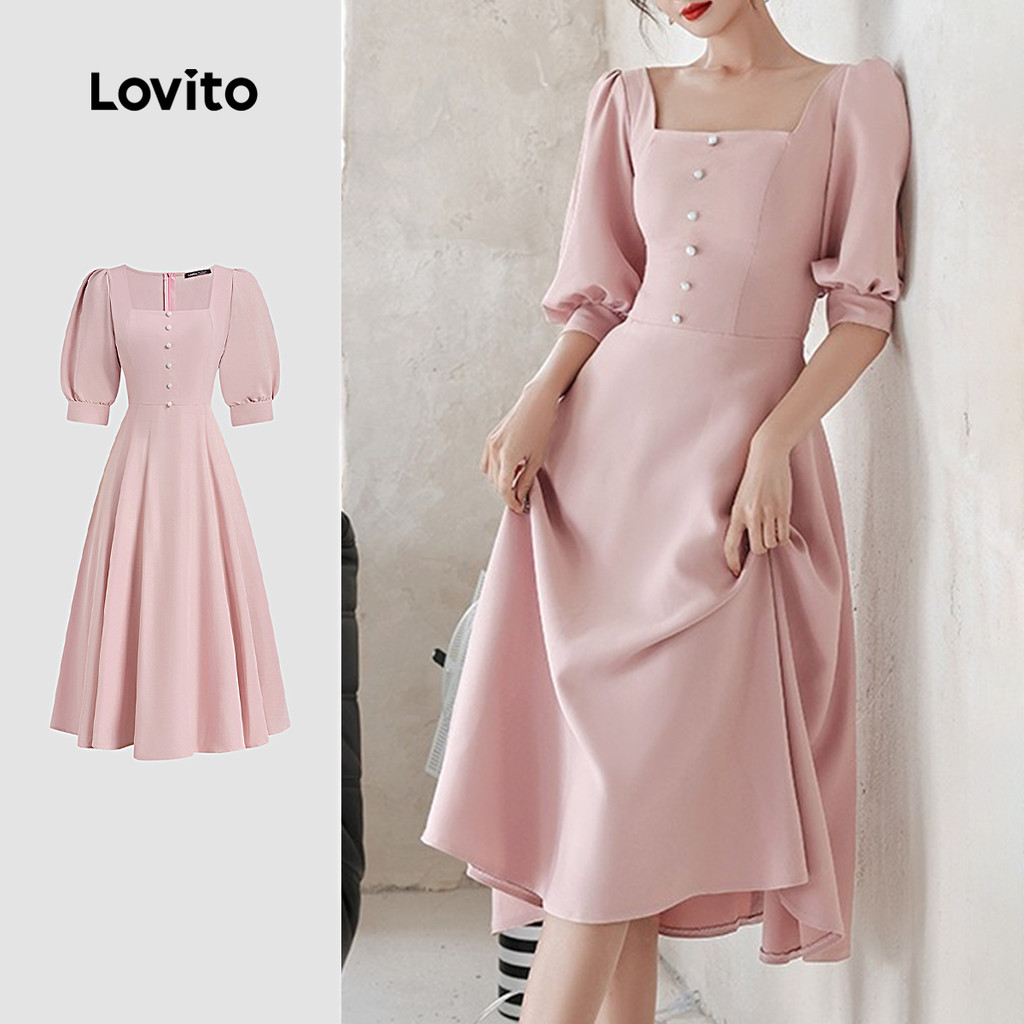 Lovito Vestido Elegante com Botões para Mulher Leve e Colorido para Primavera/verão rosa L149ED192 em Oferta na Shopee