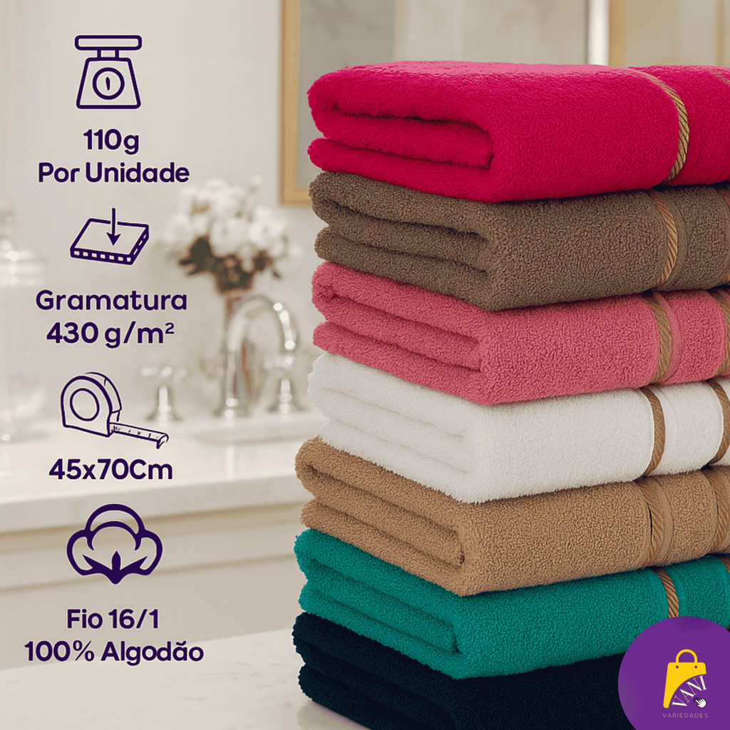 Detalhes do Kit 7 Toalhas de Rosto Grande Macia Felpuda 45x70cm 100% Algodão Grossa
