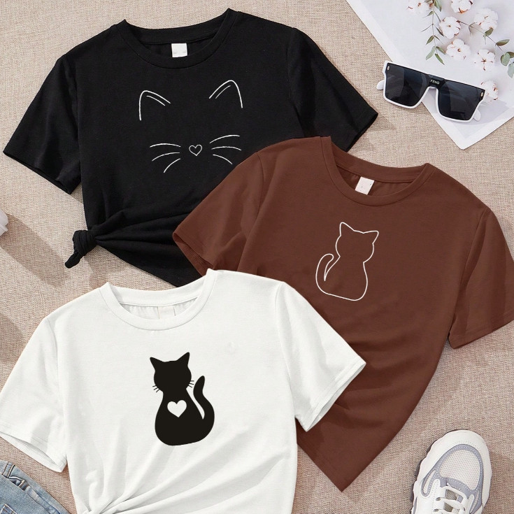 Camiseta Blusa feminina kit de 3 camisetas  estampa 100% algodão preto marrom e off em Oferta na Shopee