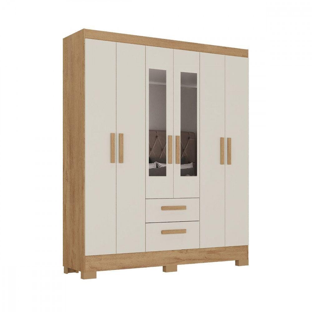 Guarda Roupa Casal Com Espelho 6 Portas Fortaleza Atualle Canelato Rustico Com Off White