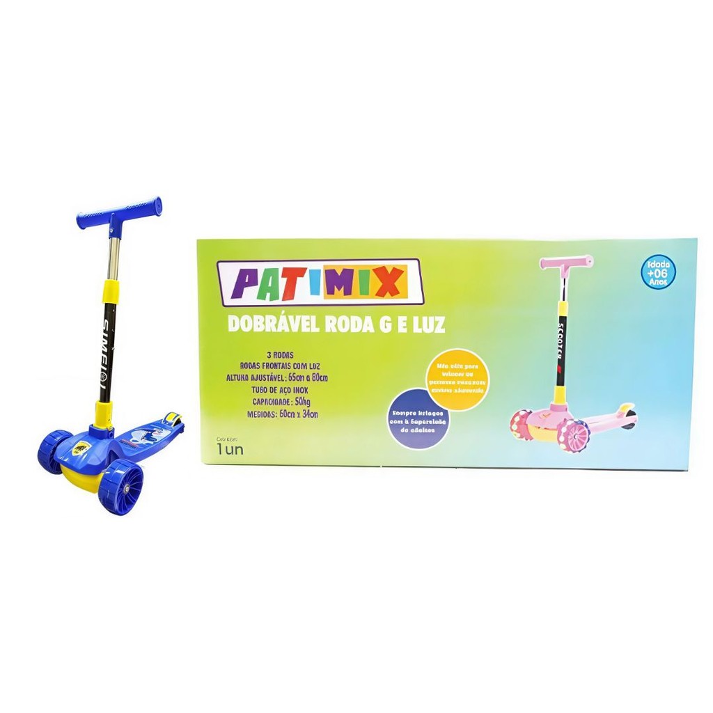 Patinete Dobrável Infantil Roda Grande Luz Led Ajustável Freio Azul Menino Criança Diversão Passeio