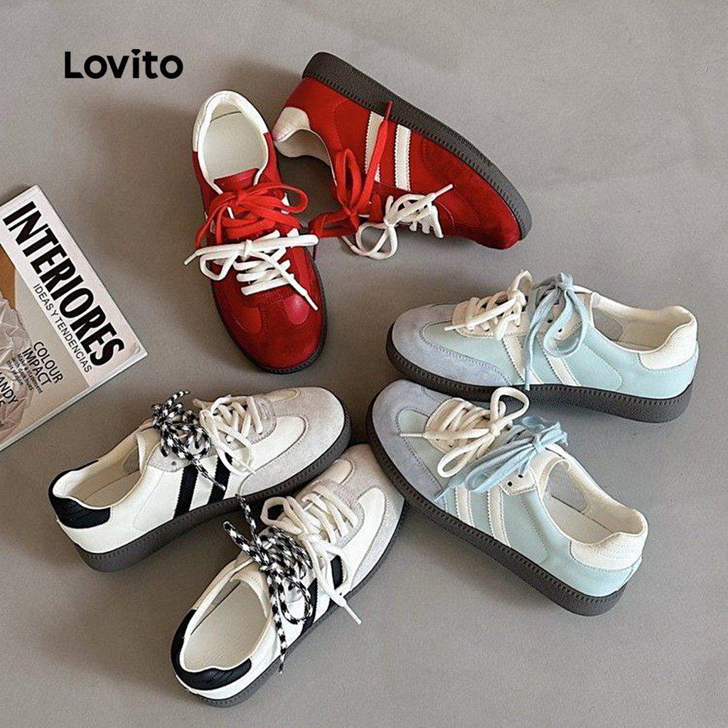 Detalhes do Lovito Casual Liso Americano Retro Oxigênio Menina Tênis De Corrida Estudante Sem Fadiga Tênis Para Mulher LFA82137