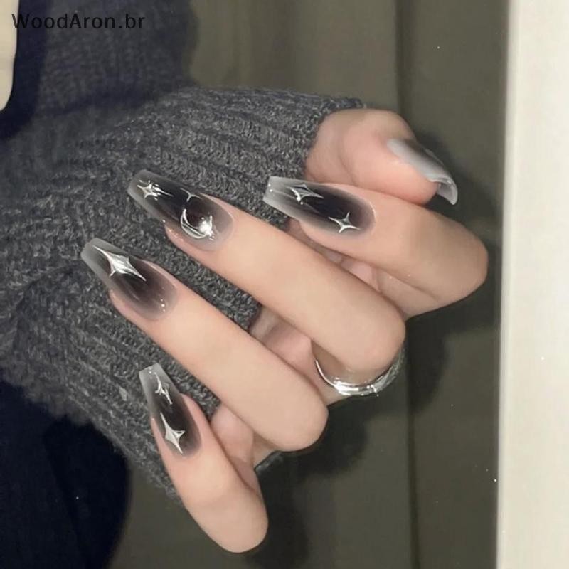 WoodAron Y2k Unhas Falsas Longas Ballet Reutilizável Adesivo Acrílico Imprensa Em Conjunto De Artificiais Escuras Artes 