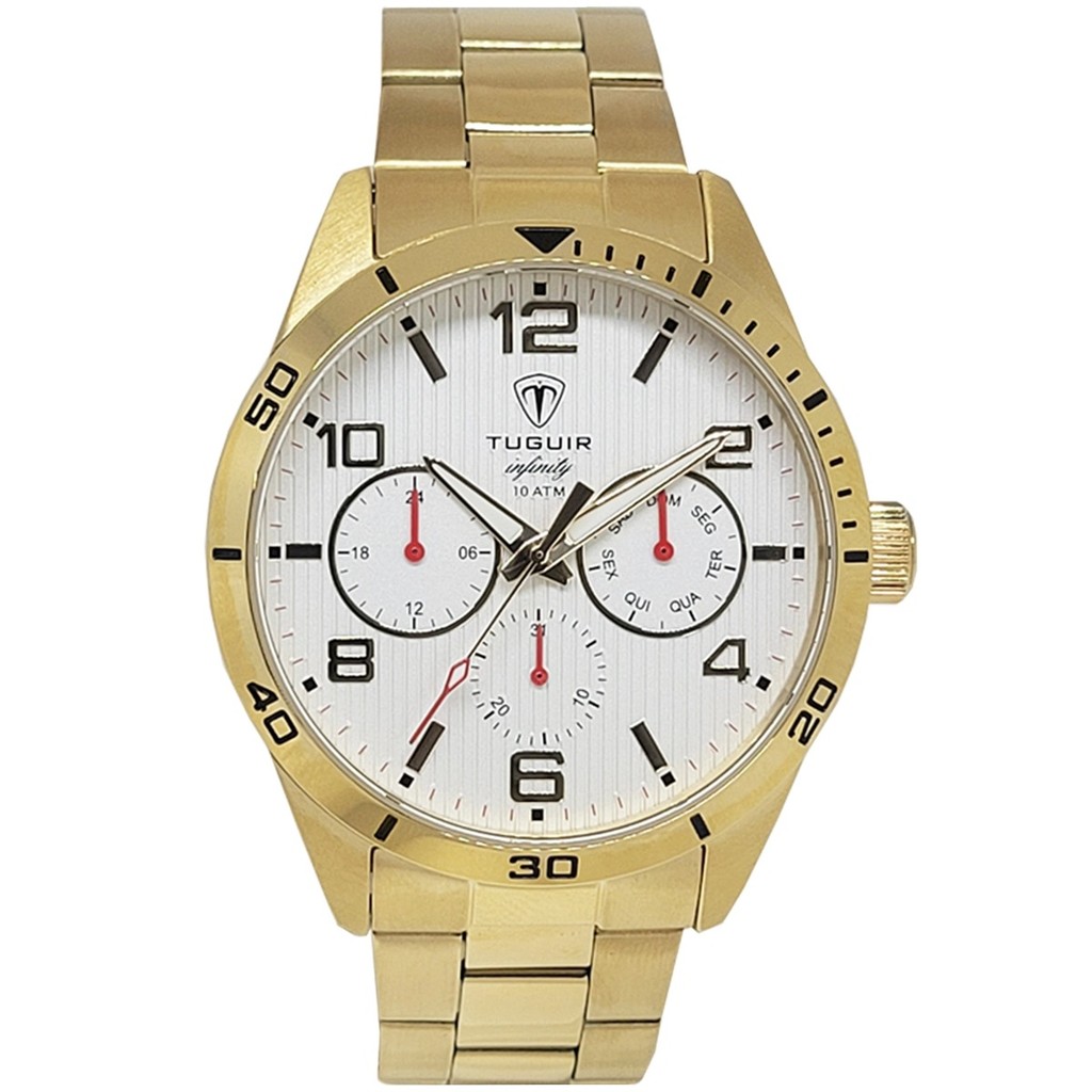 Relógio Masculino de Aço MultiFunção Tuguir Analógico Infinity TGI37060 Dourado e Branco