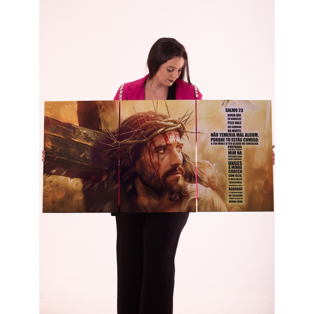 Quadro Triplo Decorativo Salmo 23 Jesus Cristo Crucificação Arte Religiosa Parede Sala Igreja