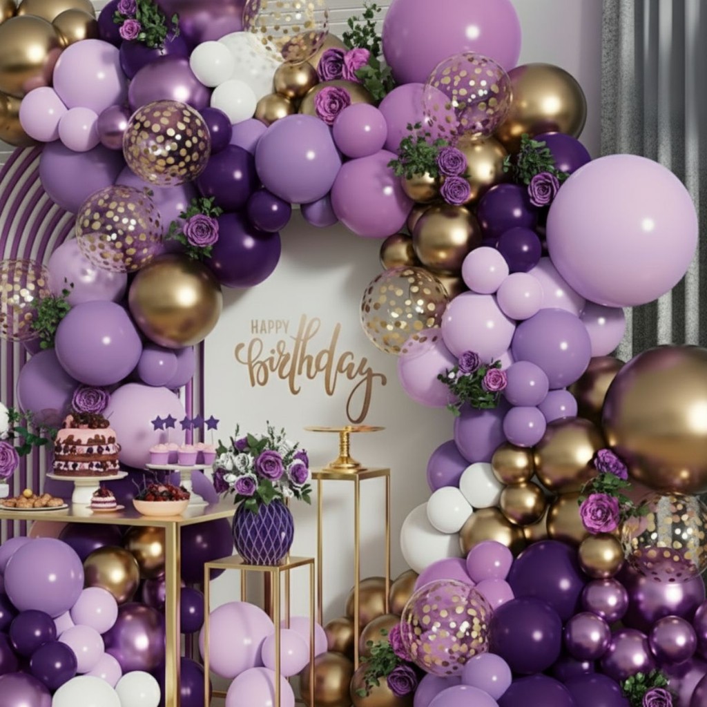 Kit 130 Balões Festa Luxo Arco Desconstruído Bexiga Dourado Lilás Roxo Cromado Metalizado Decoração Aniversario + Fita