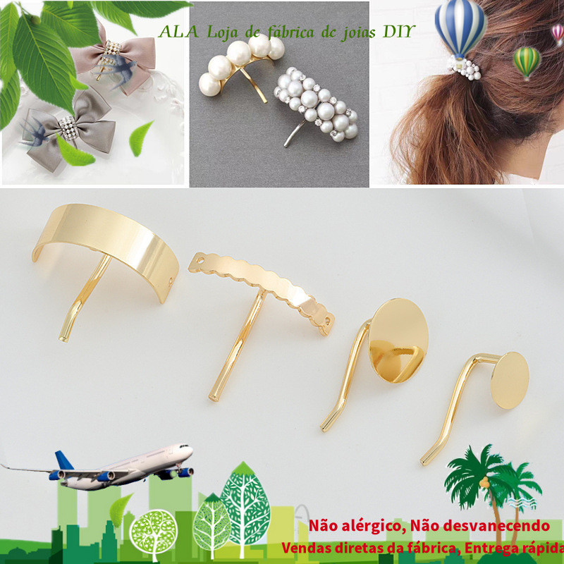 Retenção de cor 14K banhado a ouro com furo duplo curvo gancho de pônei garfo de cabelo disco DIY inserção de cabelo cab