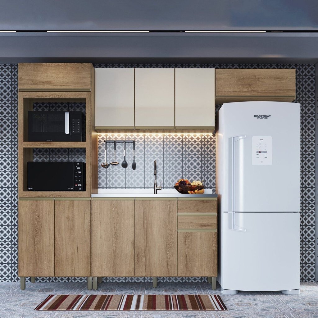 Cozinha Modulada Torre Quente 4 Peças Montreal Amarelo/Castani/Off-White Castani/Off White