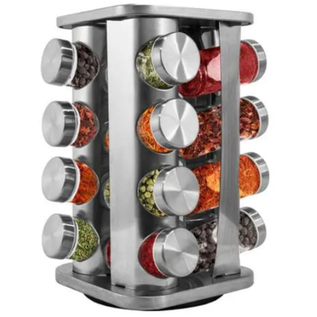 Porta Tempero Condimento Com Tampa Inox 16 Potes + Suporte Giratório Potinhos Decoração Cozinha