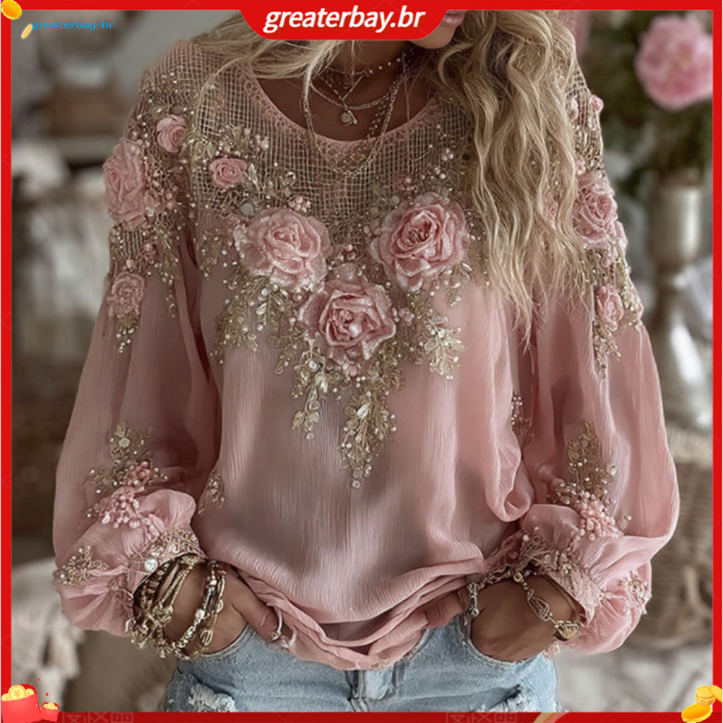 Women’s Casual Long Sleeve Round Neck Tee Loose Fit Pullover with 3d Flower Print and Faux Pearl Decor – Stylish Off
