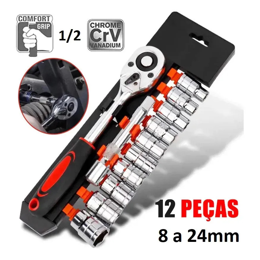Chave Catraca Com Jogo De Soquete 1/2 Sextavado 12 Peças Catraca Prateado
