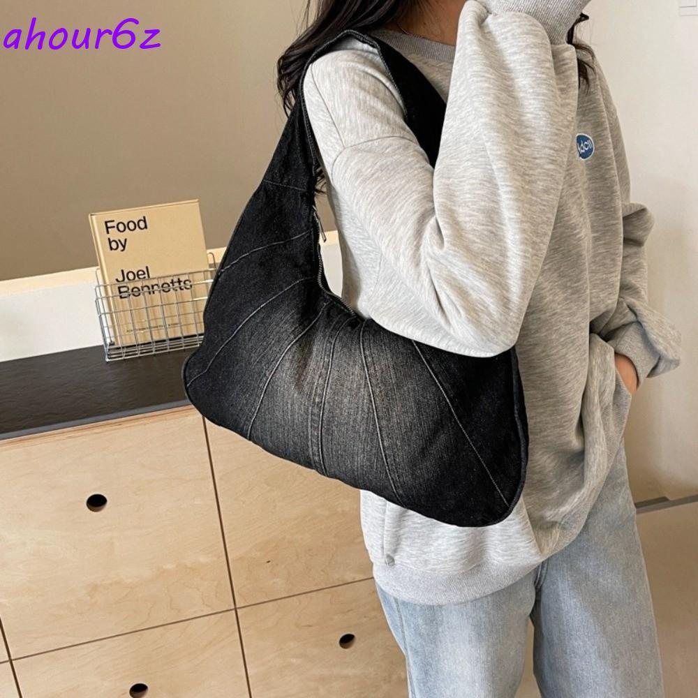 Bolsa De Ombro Jeans Lavada AHOURZ , Em Formato De Crescente De Design Minimalista , Sacola Com Zíper Suave
