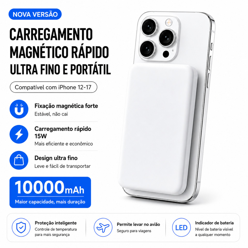 Carregador Magnético Portátil Proteção Contra Superaquecimento 10000mAh Compatível iPhone 12 13 14 15 16 17