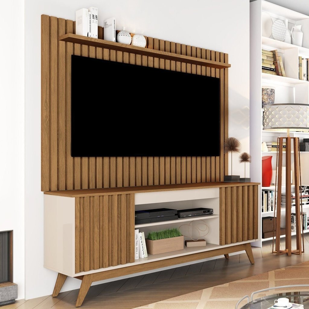 Rack com Painel Ripado para TV até 65 Polegadas MDF 166cmx203cm Pés em Madeira Maciça Malibu Classic Wood Marrom Off