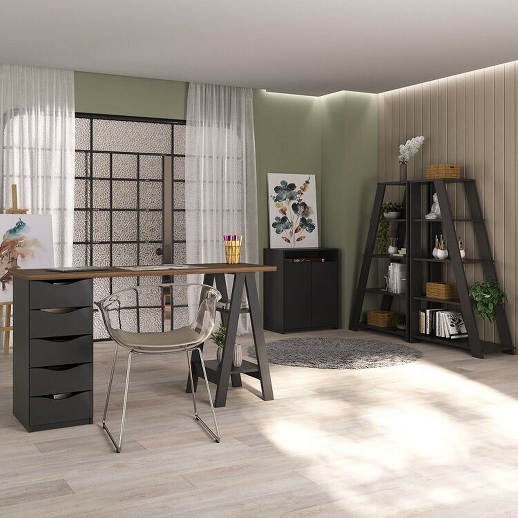 Conjunto para Escritório 4 Peças Escrivaninha Spirit Balcão Cool e 2 Estante Star Nogal Preto