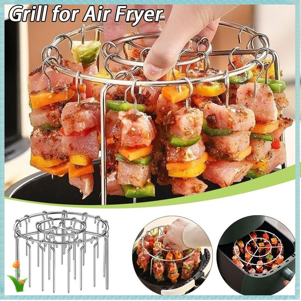 Grelha Para Fritadeira De Ar , Rack De Churrasco Redondo De Aço Inoxidável , Durável Com Espetos Grelhados