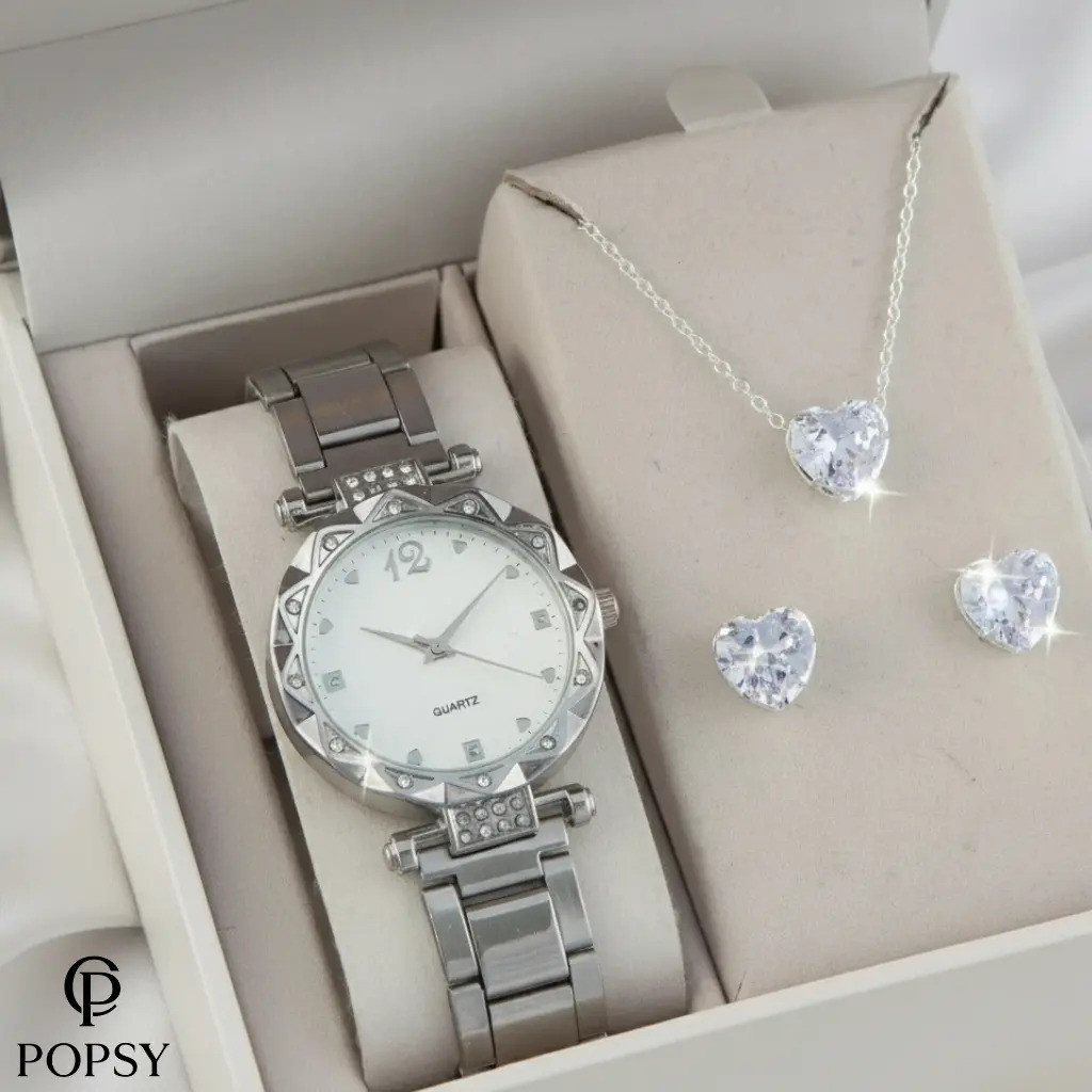 Relógio Feminino De Pulso + Kit Colar Pingente E Brincos Folheados 18k Semi Joias Acessórios Feminino