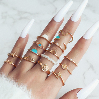 Novo estilo conjunto de anel Retro sol olho seta lua anel conjunto pérola pedra preciosa anel 16 peças conjunto
