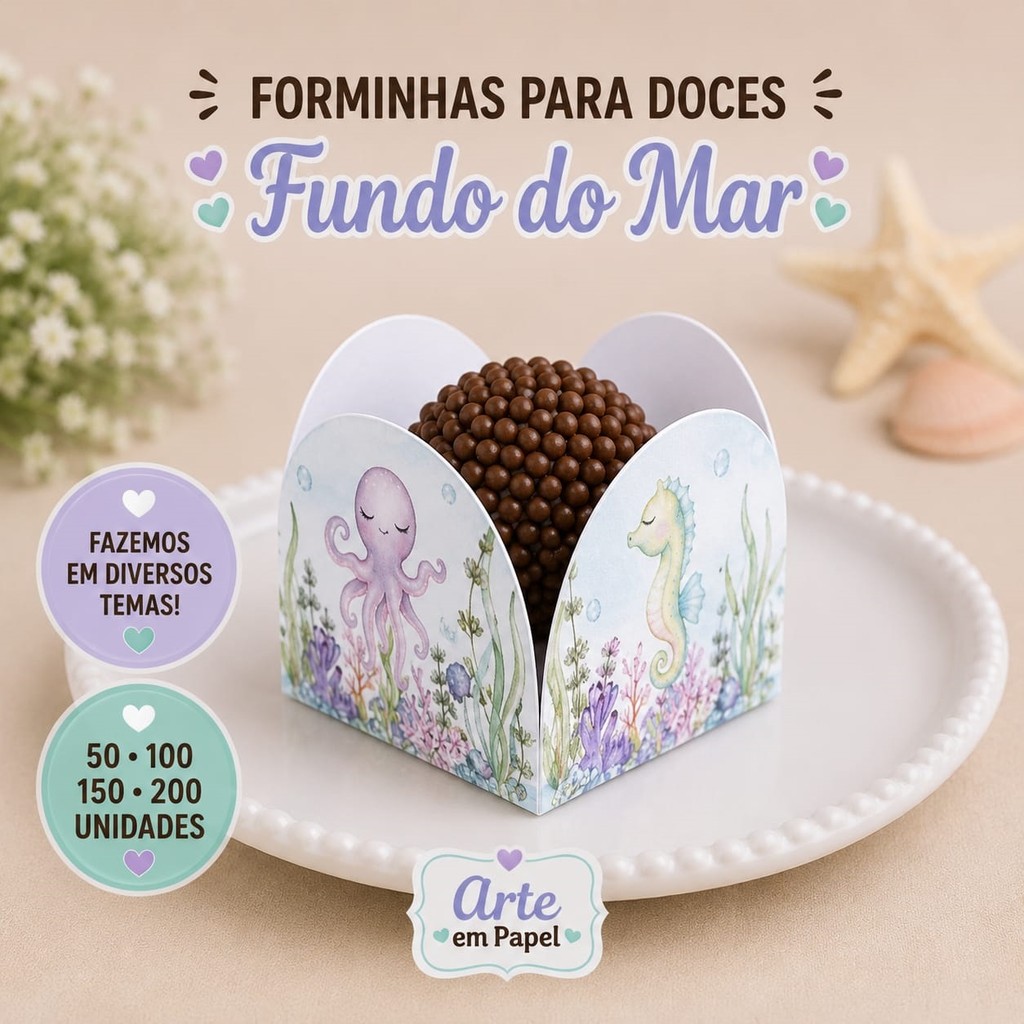 50 Forminhas Para Doces Personalizadas 4 Pétalas FUNDO DO MAR Envio 24H Festa Aniversário Brigadeiro