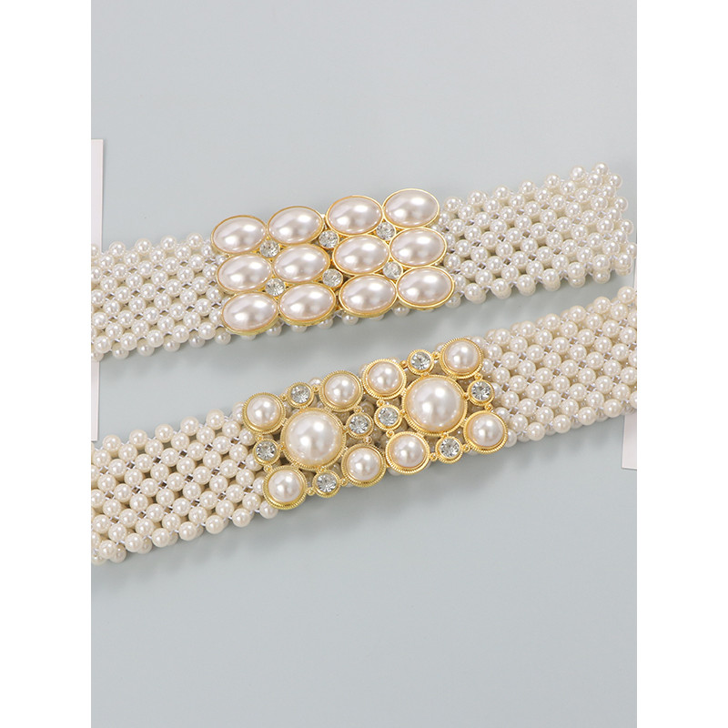 Novo estilo feminino temperamento doce corda pérola cinto elástico cintura strass cinto largo combinando vestido cinto