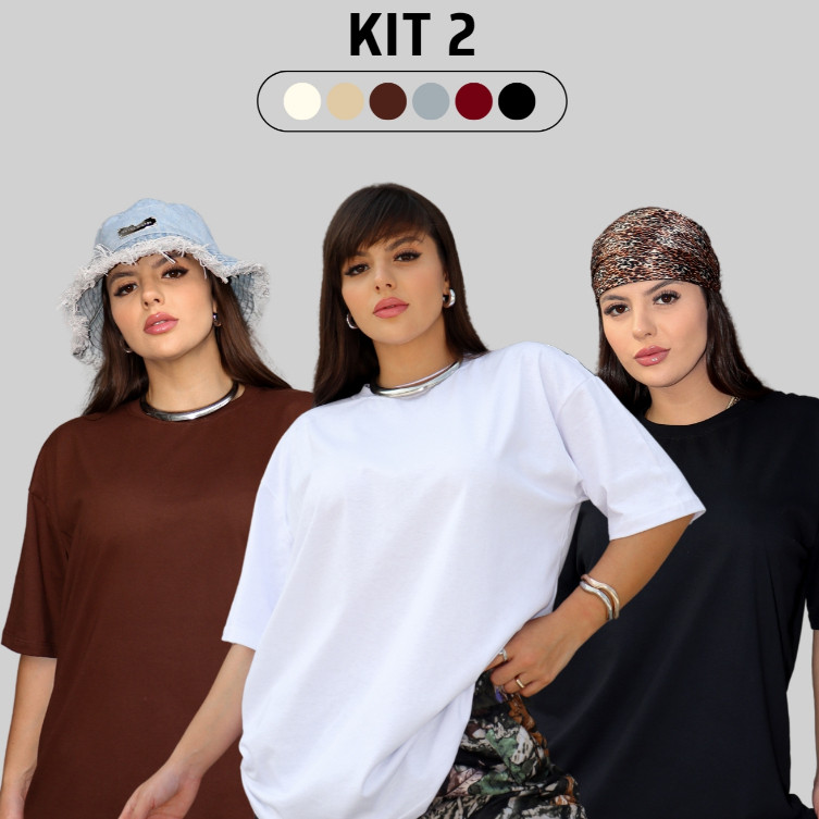 KIT 2 Camisetas Oversized Feminina T-Shirt Lisa Casual 100% Algodão Ombro Caído Streetwear