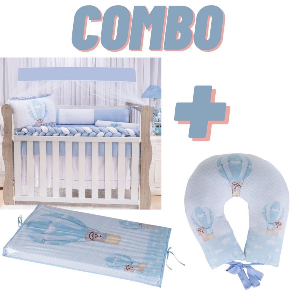 Combo Kit Berço Trança , Trocador De Espuma e Almofada Amamentação Ursinho Baloeiro Menino bebê