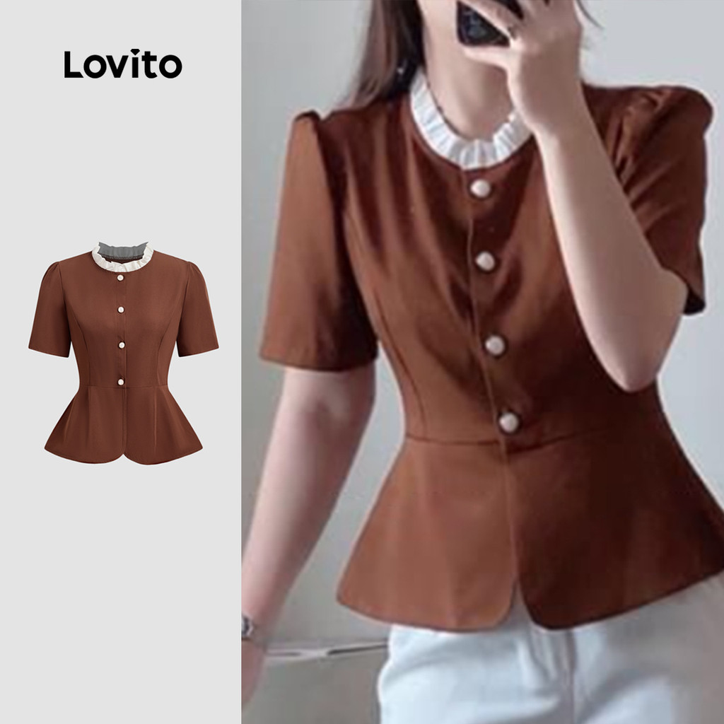 Lovito Blusa Elegante E Sofisticada Em Blocos De Cores Primavera/verão Na Cor Marrom Para Mulheres L143ED276 em Oferta na Shopee