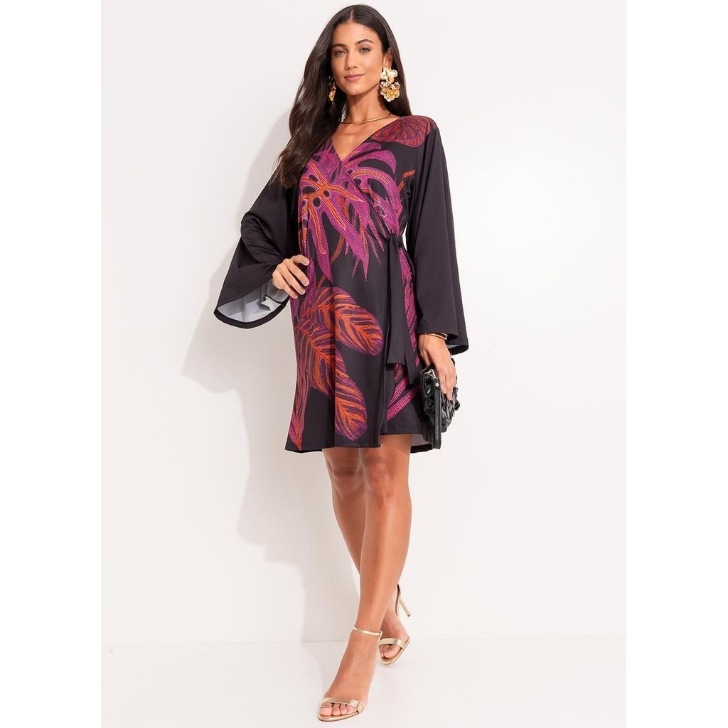 Vestido Malha Fria Folhagens Bordada Localizada Colorido Quintess em Oferta na Shopee