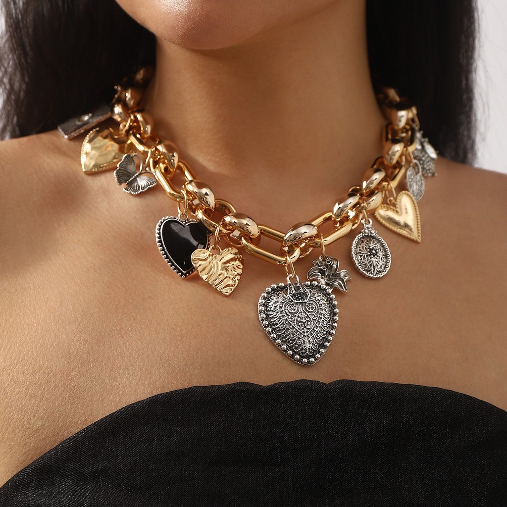 Colar de liga Vintage com pingente em formato de coração, combinado, corrente de Metal grosso, colar geométrico em Oferta na Shopee