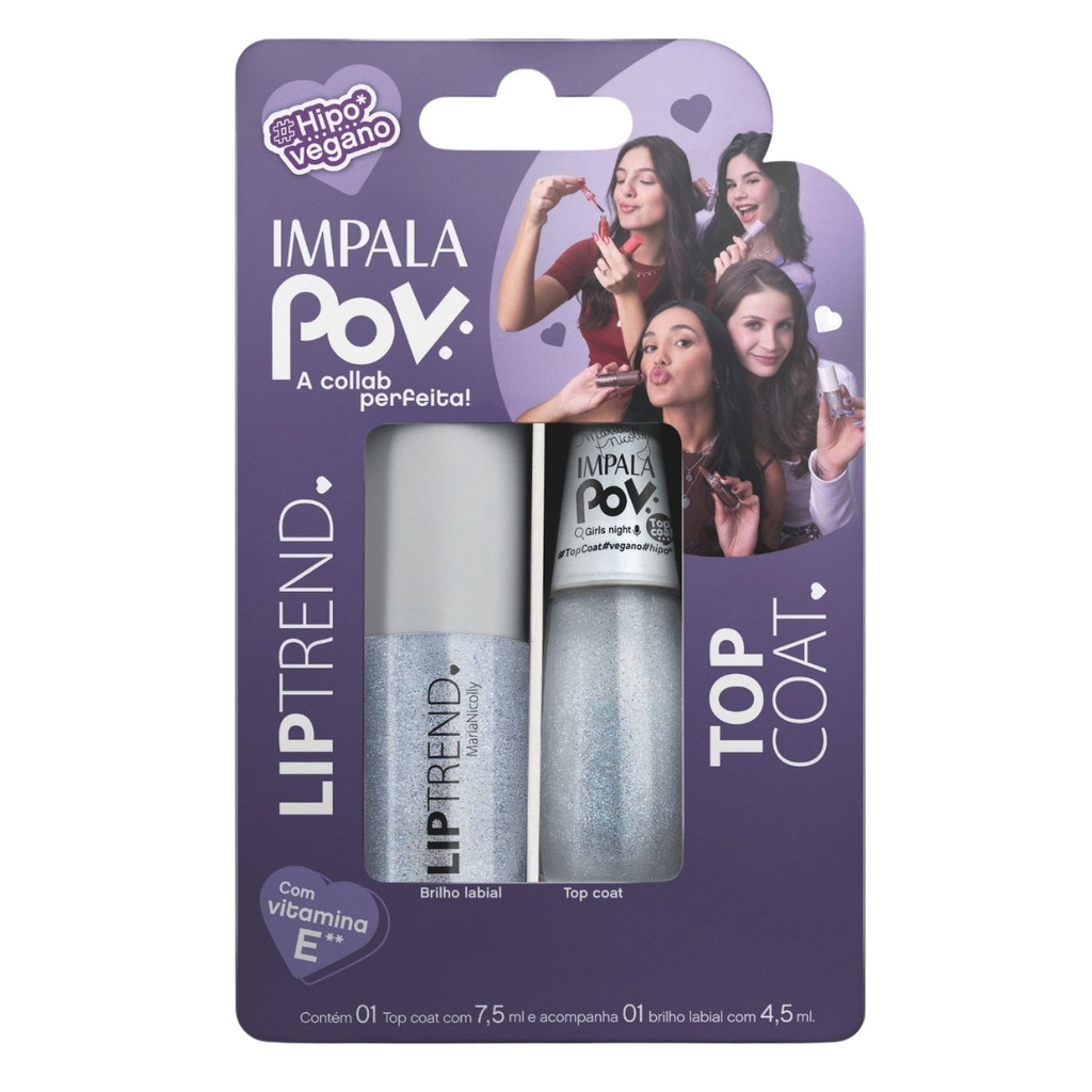 Kit Esmalte Top Coat Brilho Labial Coleção Pov Girls Impala