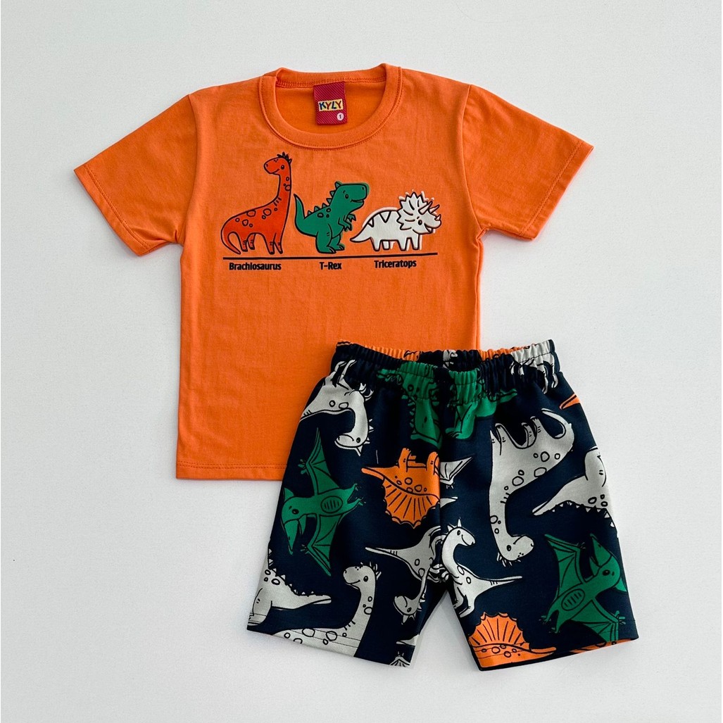 Conjunto infantil Kyly Camiseta Laranja Dinossauros e Bermuda Moletinho