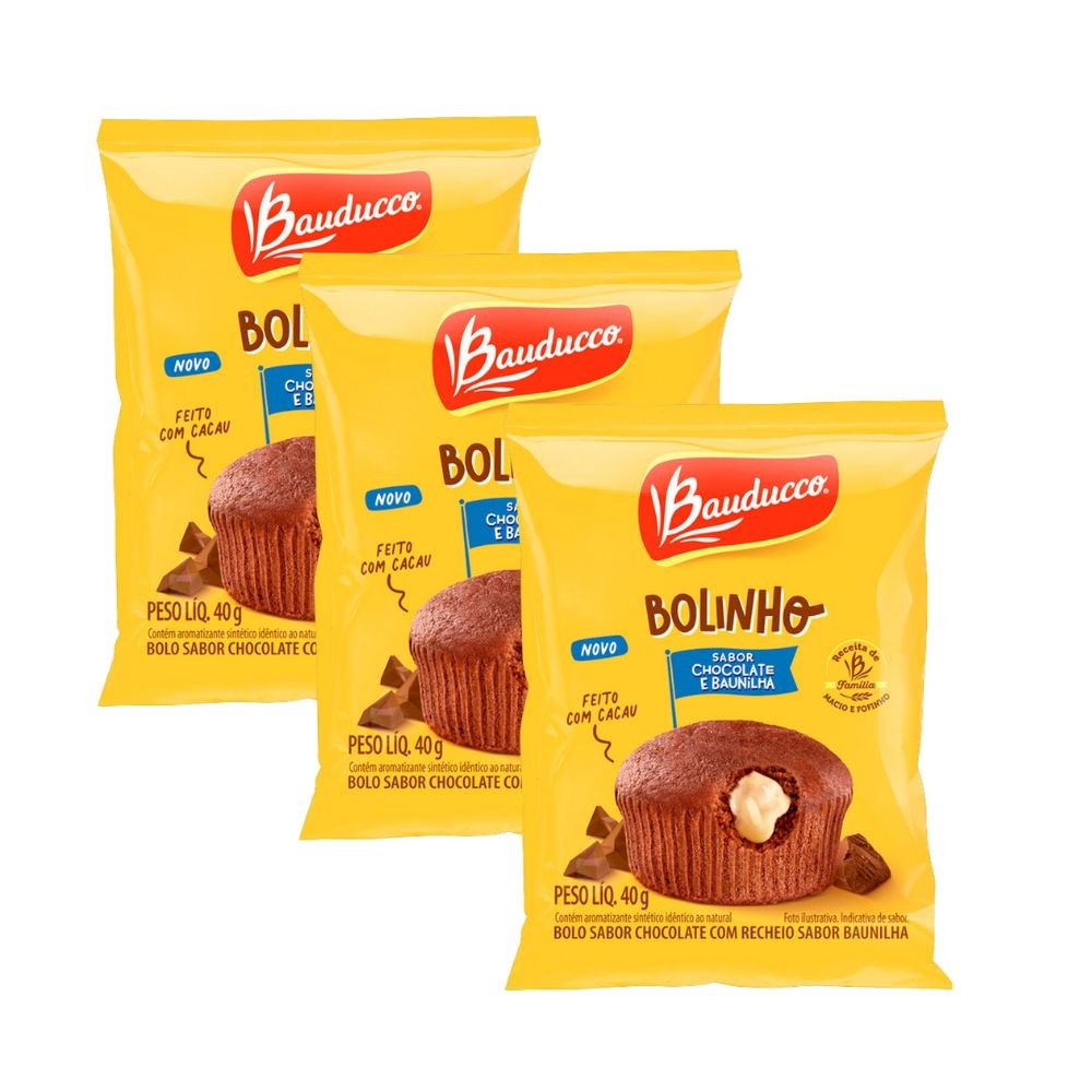 Kit 3 Bolinho Bauducco Sabor Chocolate com Recheio de Baunilha 40g