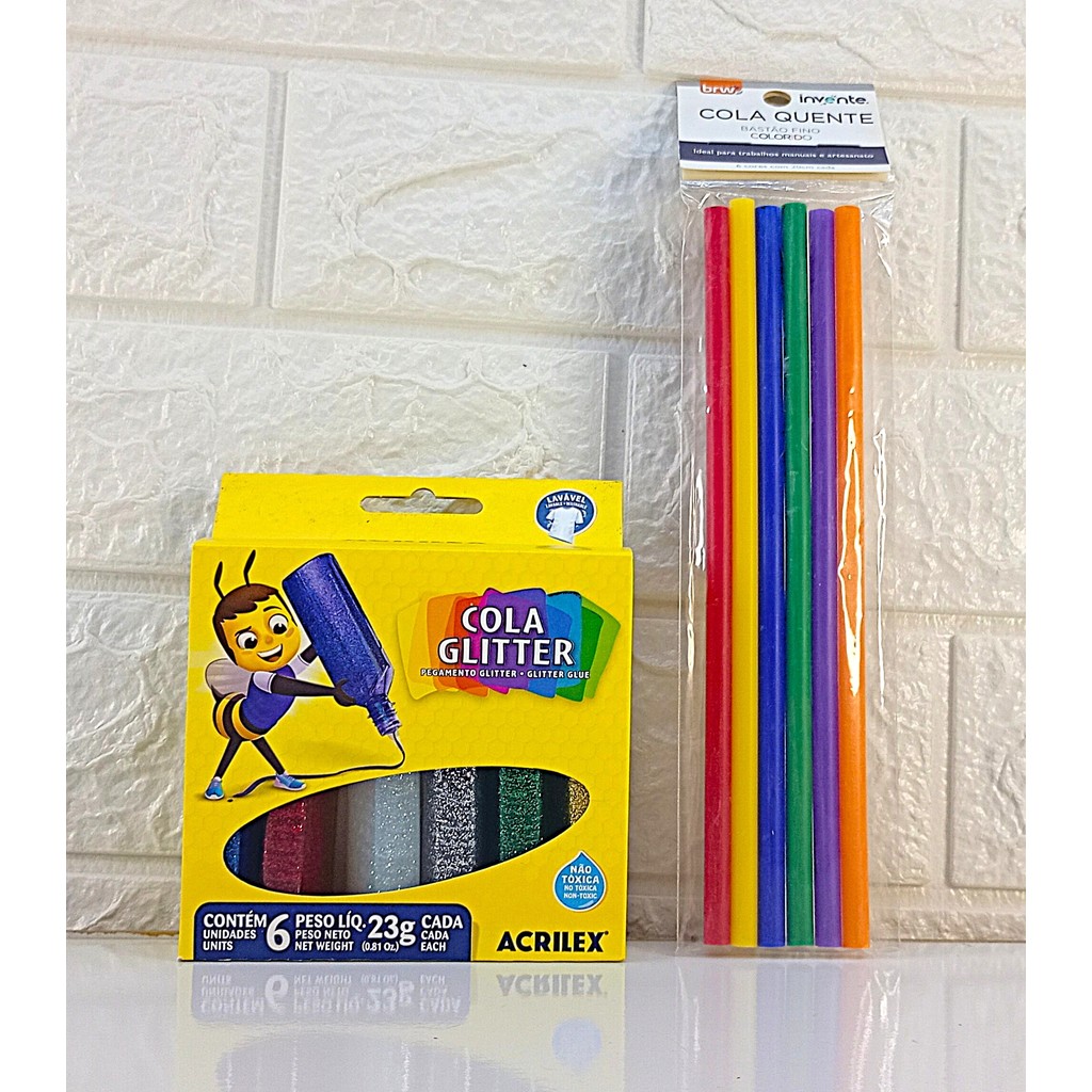 Kit Cola Bastão Colorida BRW + Cola Glitter Acrilex 6 Cores 23g Escolar Artesanato