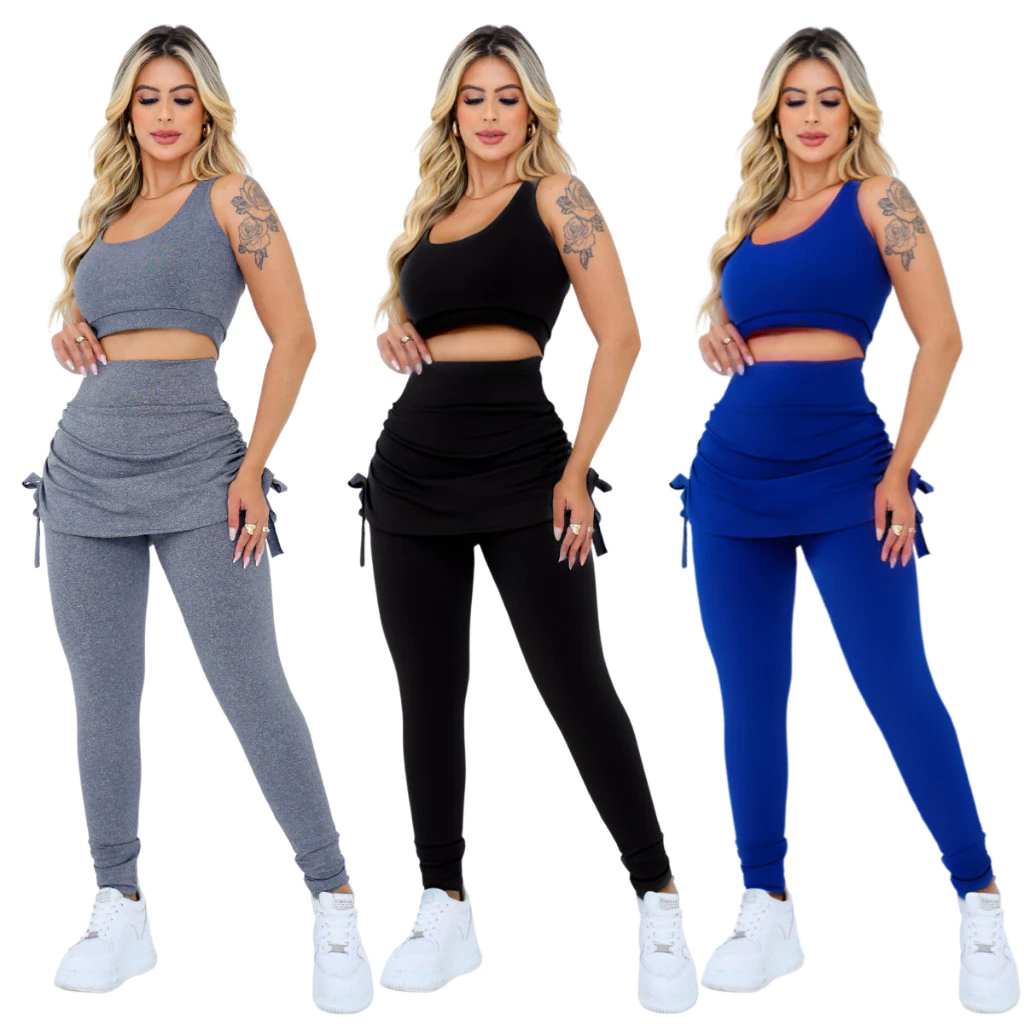 Conjunto Feminino Top + Calça Leg Saia Tapa Bumbum Suplex Academia Musculação Academia Plus Size — imagem 1