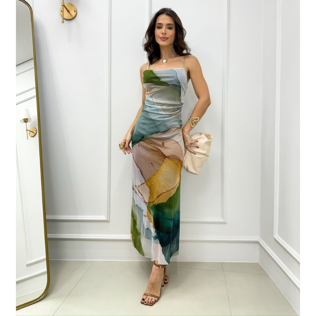 Vestido Feminino Longo de Tule Forrado Estampado Drapeado Alça Fina Moda Elegante