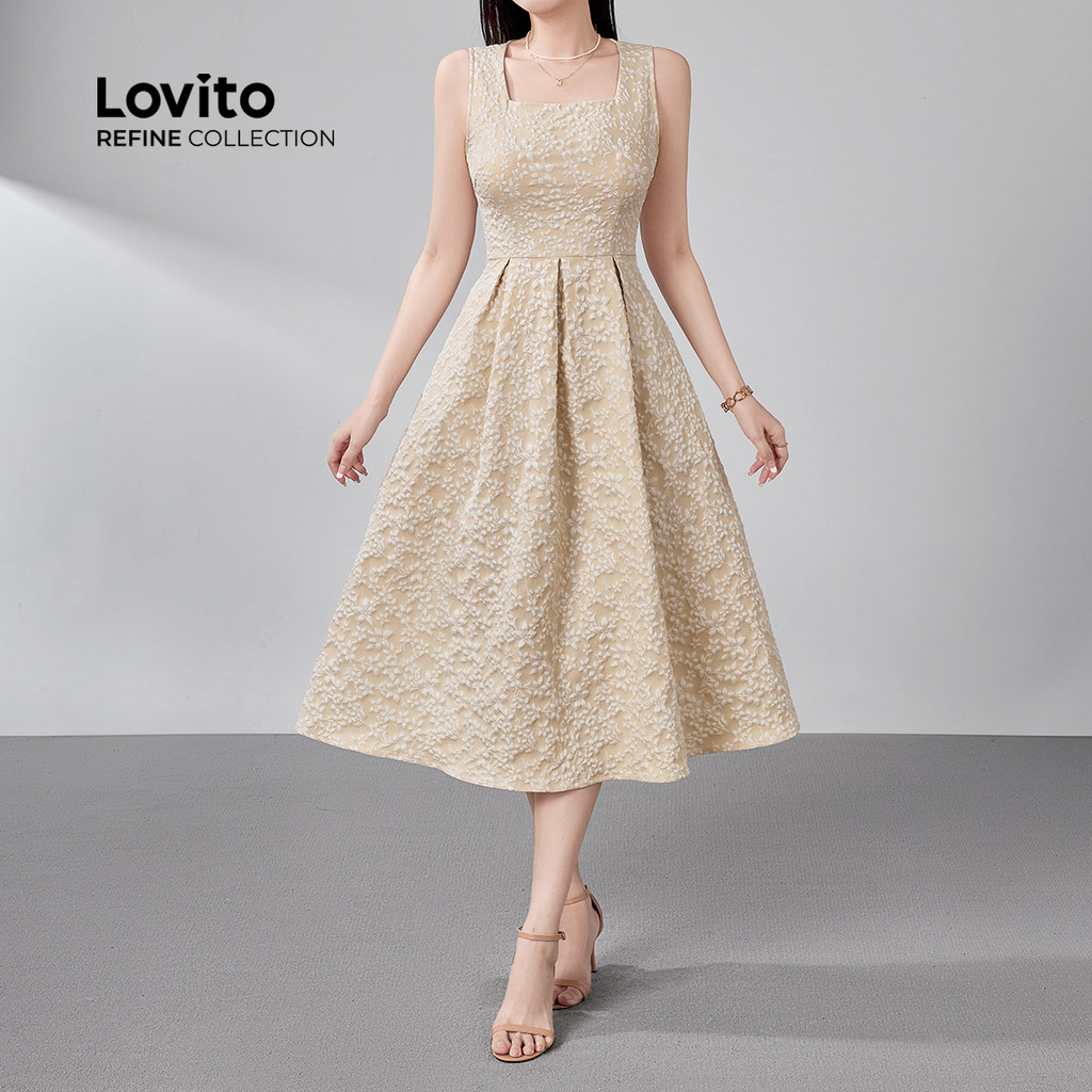 Detalhes do (Lovito Refine) Vestido Elegante de Jacquard Primavera/verão Vestido Caqui para Mulheres LR18E203