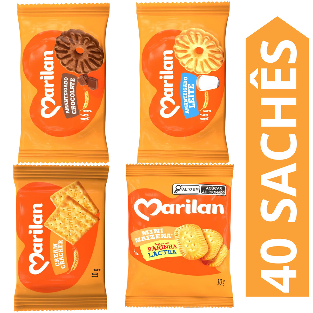 Kit 40 Sachês Biscoito Marilan Sabores Chocolate, Leite, Mini Maizena, Cream Cracker em Oferta na Shopee