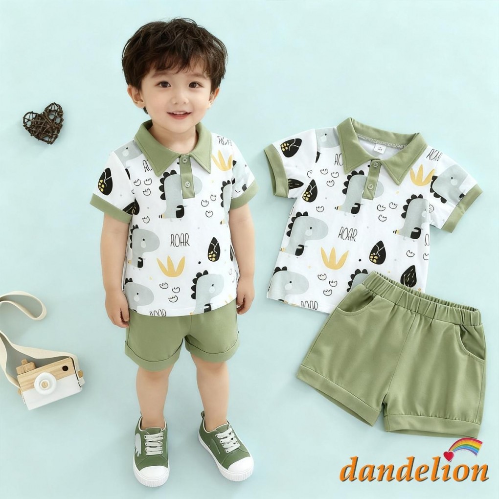 Conjunto Infantil De Manga Curta Com Estampa De Dinossauro De Desenho Animado + Shorts De Cor Sólida