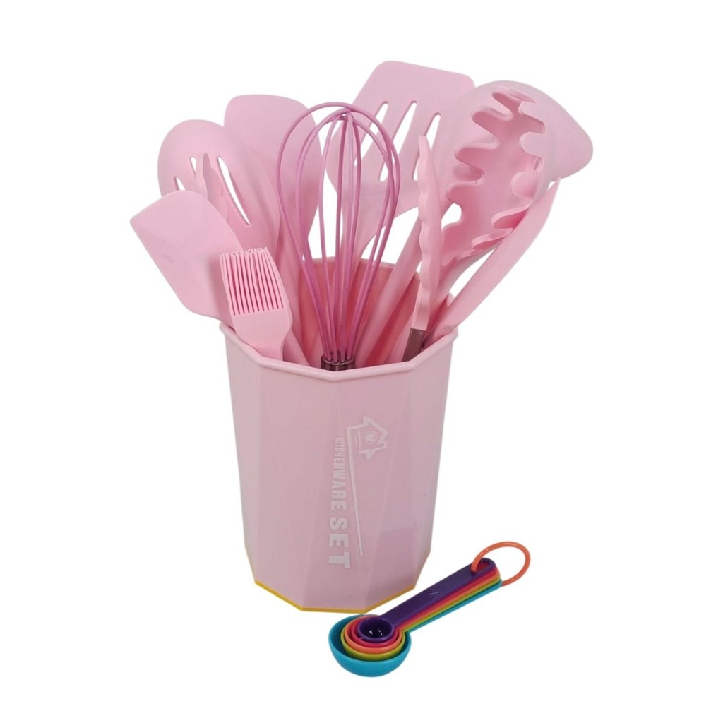 Kit Utensílios De Cozinha Silicone Rosa 11 Peças Luxo Antiaderente Resistente Fácil Limpeza