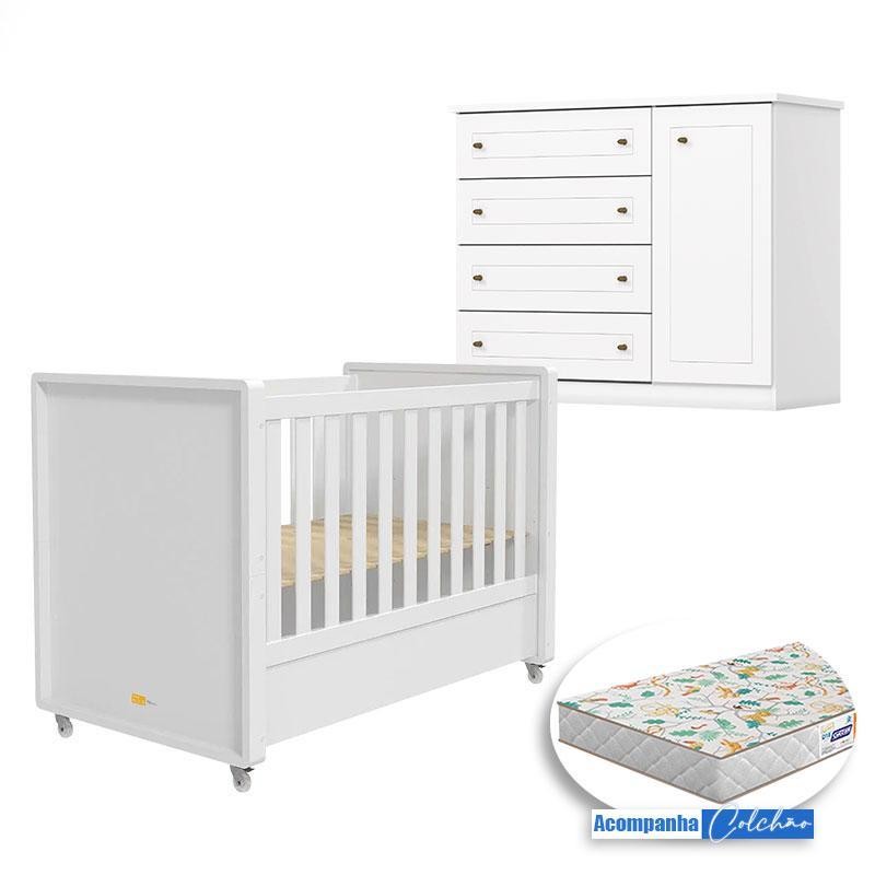 Berço Tutto New e Cômoda Infantil Mississipi Ambiente Branco Fosco com Colchão Gazin - Matic