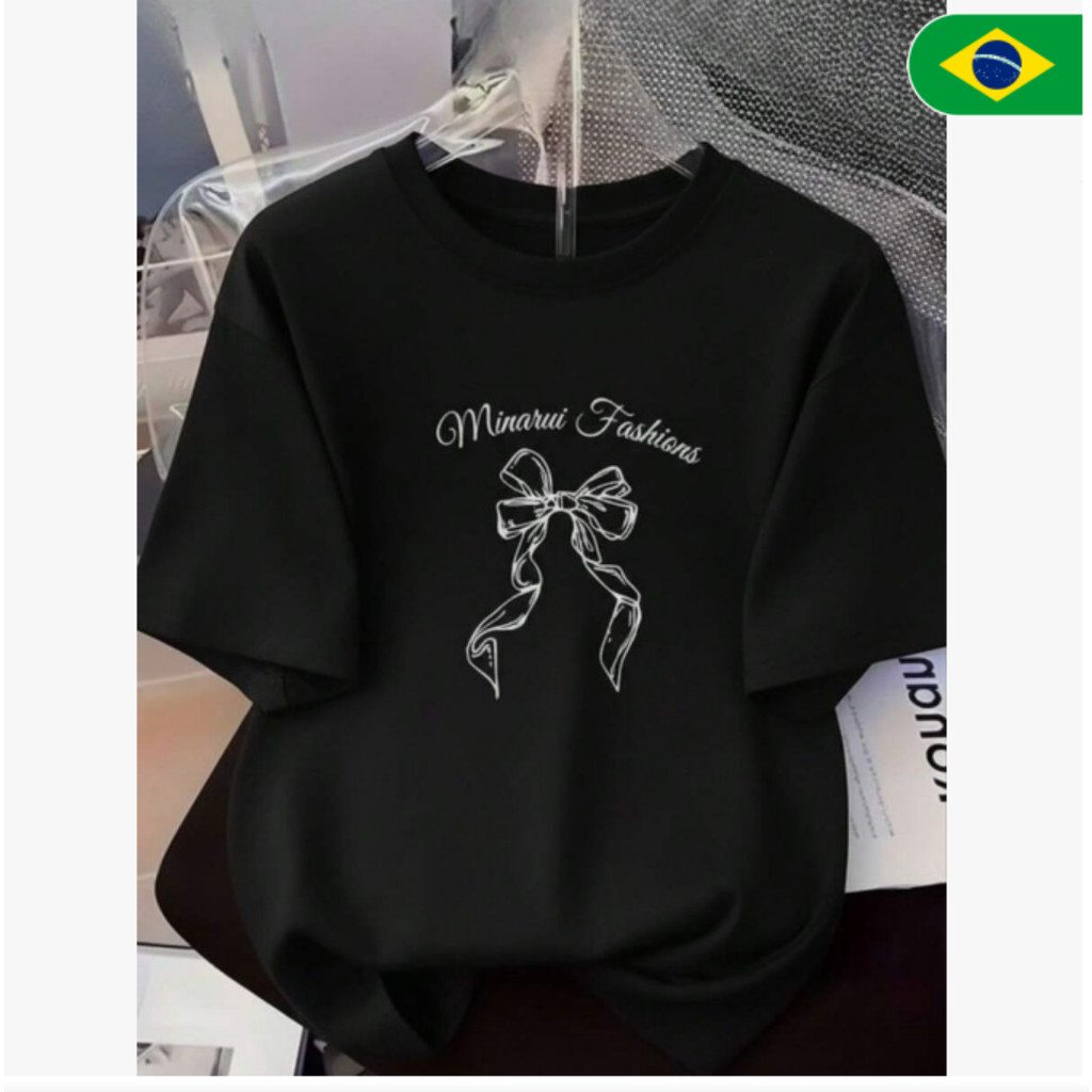 Camiseta Feminina De Algodão, Folgada E Com Corte Solto, Com Um Laço Elegante E Estampa 'Minarui Fashions'