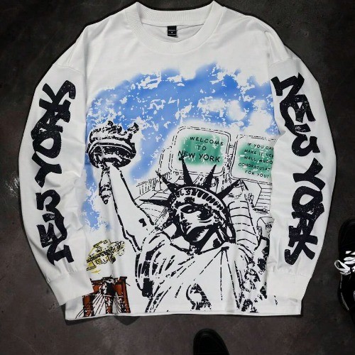 Moletom Gola Careca com Estampa do Logotipo da Estátua da Liberdade Estilo Streetwear