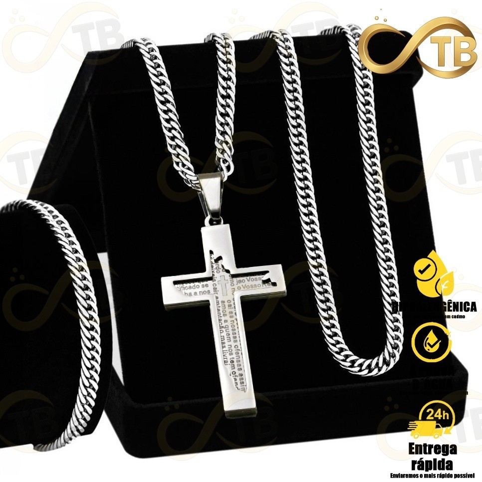 TB Presentes Moda Conjunto Colar Corrente de Masculino Pulseira Pingente Cruz Grande Jesus Aco Inox