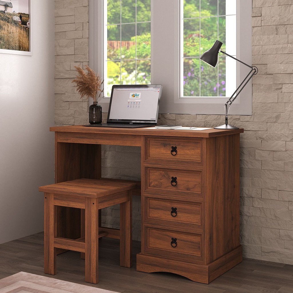 Escrivaninha Mesa Escritório 4 Gavetas com Banqueta 104cm Madeira Maciça Acapulco em Oferta na Shopee